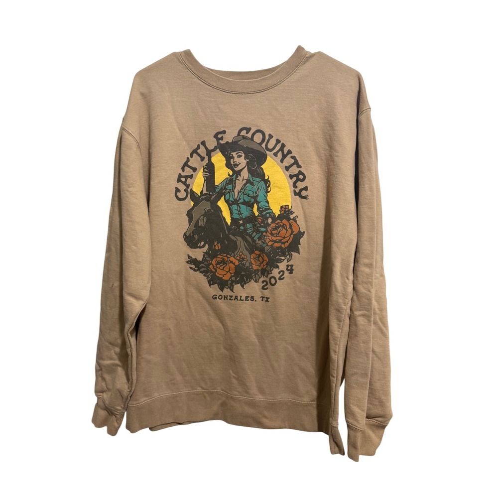 Independent Trading Co Sweatshirt Women XL Tan Cattle Country Texas Cowgirl Rose